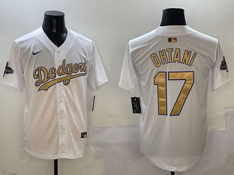 Men Los Angeles Dodgers #17 Ohtani White Champion gold character 2025 Nike MLB Jersey style 19